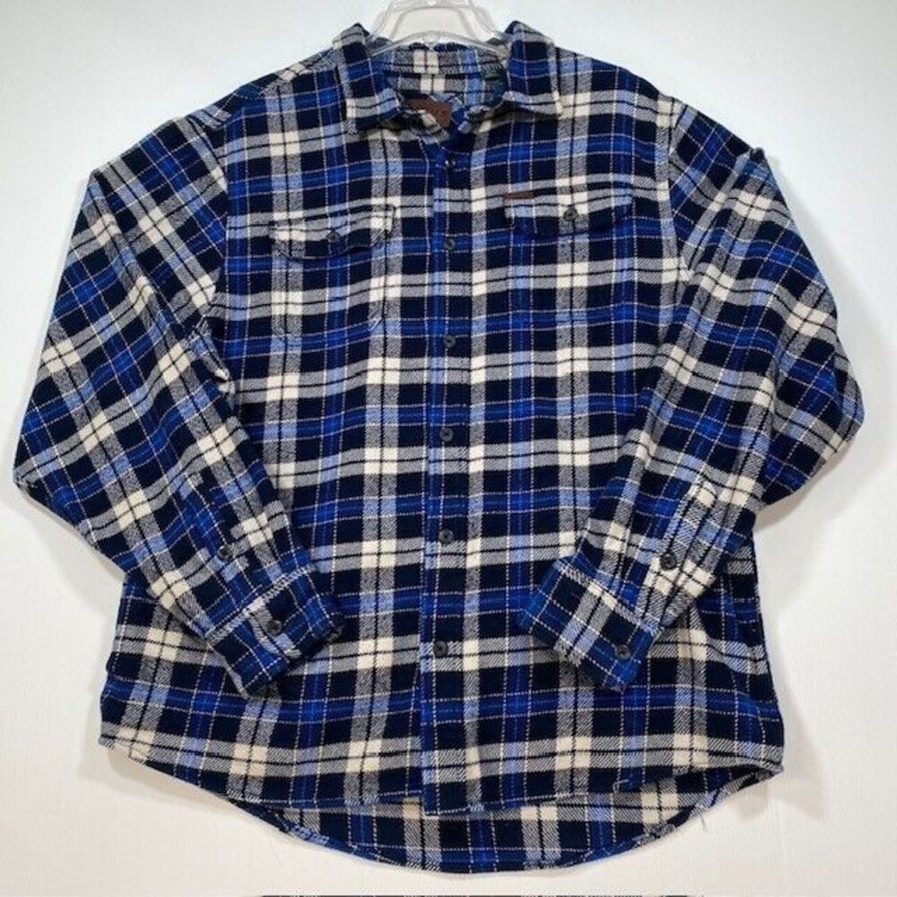 Orvis Heavy Cotton Flannel Plaid Shirt Jacket Button Front Men XL Hand Pockets